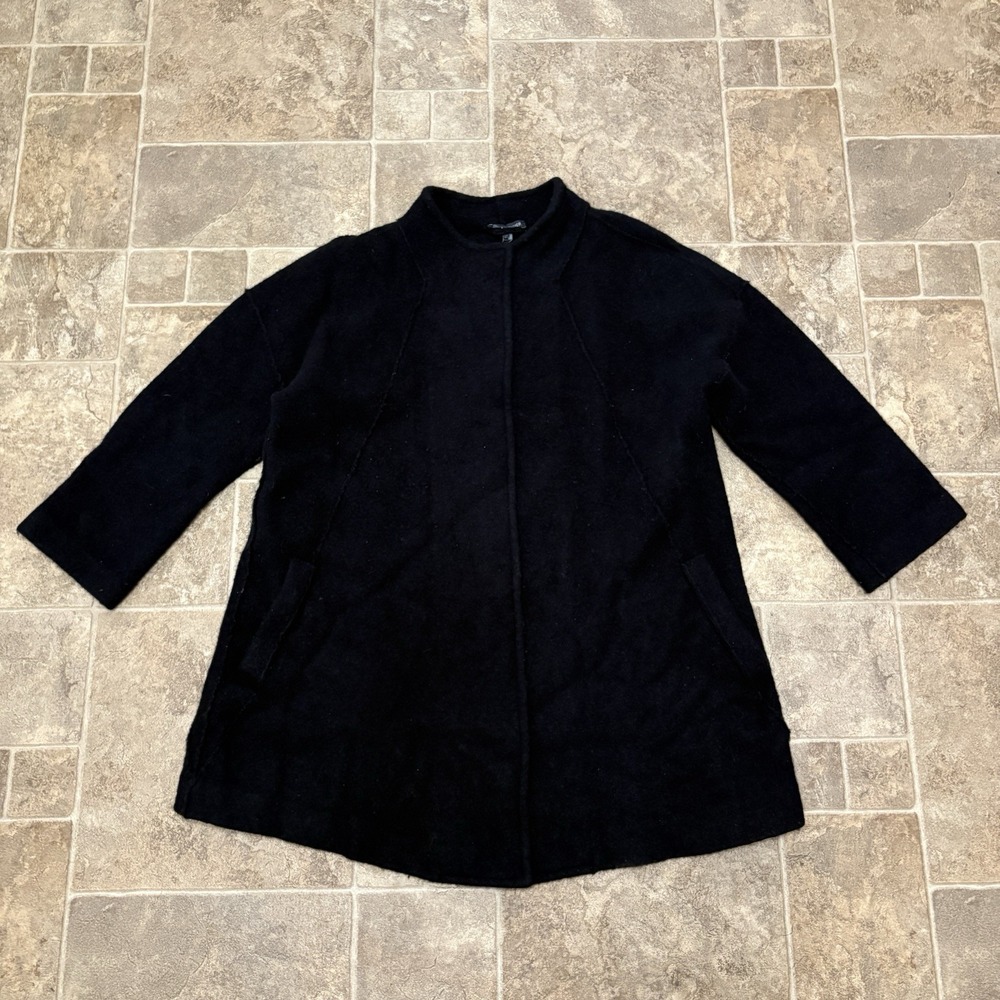 Eileen Fisher Black Boiled Wool Coat Women's L Hidden Snap Exposed Seam